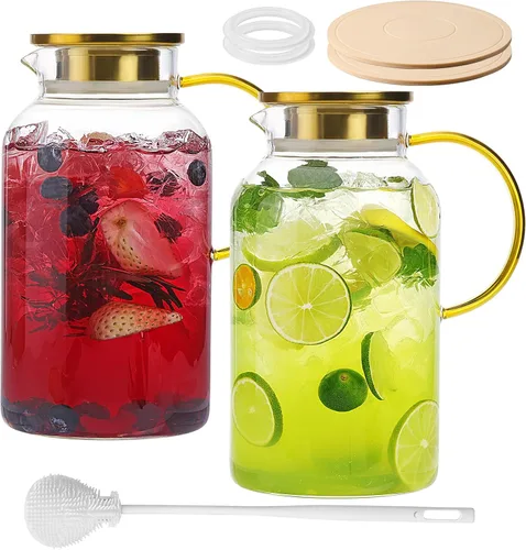 Paquete de 2 jarras de vidrio de 2 litros/68 onzas con tapa y asa, jarra de agua de vidrio con tapa y boquilla para refrigerador, té helado, café,