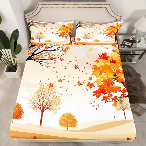 Miniatura 10 de Manfei Sábana bajera ajustable de otoño, tamaño individual, hojas de calabaza, dibujos animados, arcoíris, zorro, oso, ciervo, juego de ropa de cama