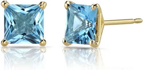 Peora Aretes tipo dormilona de topacio azul suizo para mujer en oro amarillo de 14 quilates, corte clásico de princesa solitaria, 0.23 pulgadas,