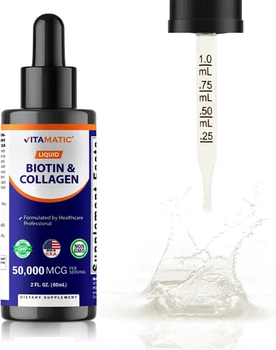 Vitamatic Gotas de biotina líquida y colágeno – 50,000 mcg – 2 onzas líquidas que apoyan el crecimiento saludable del cabello, piel brillante y uñas