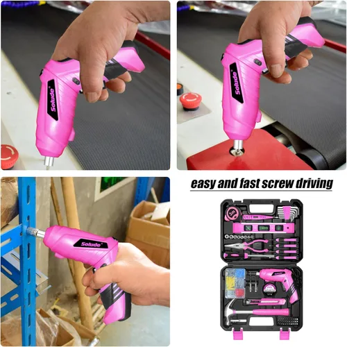 Miniatura 7 de Juego de herramientas rosa, juego de 130 piezas para el hogar para mujeres con destornillador recargable inalámbrico de 3.6V, juego básico