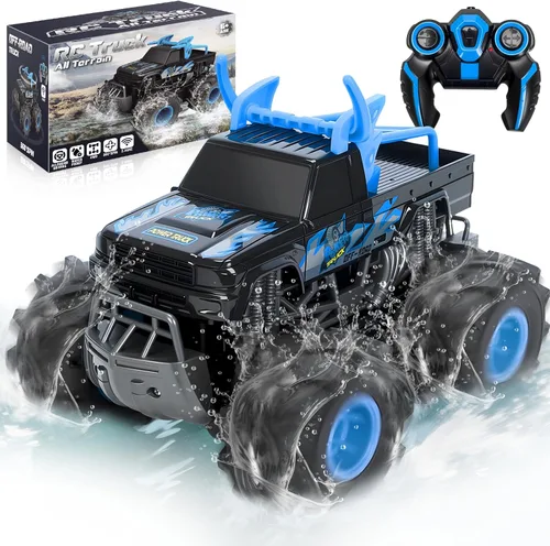 Miniatura 8 de BainGesk Juguetes de camión monstruo a control remoto impermeable, auto RC 1:16, 2.4GHz 4WD juguetes de automóvil todo terreno con 2 baterías Azul
