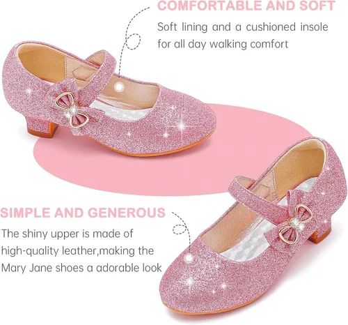 Miniatura 4 de Dufannie Zapatos de vestir para niñas, zapatos de tacón bajo de princesa, zapatos planos con purpurina para bodas y fiestas