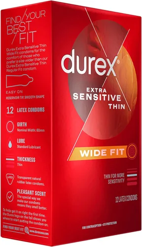 Miniatura 13 de Durex Preservativos de látex extra sensibles lubricados ultra finos de alta calidad, ajuste ancho, 12