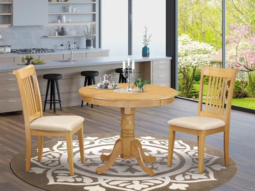 Miniatura 2 de East West Furniture ANPO3-OAK-C Juego de mesa y sillas de cocina de 3 piezas contiene una mesa de comedor redonda con pedestal y 2 sillas tapizadas