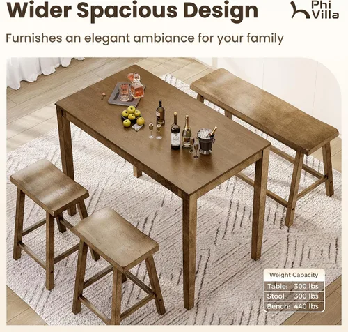 Miniatura 9 de PHI VILLA Juego de mesa de comedor de granja para 4 espacios pequeños, mesa y sillas de altura de mostrador con banco, juego de mesa de cocina alta