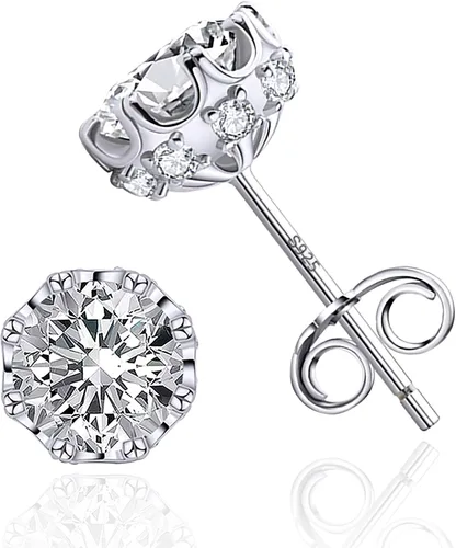 AMORAMOR & FOREVER Aretes tipo dormilona chapados en oro blanco de 18 quilates con circonita cúbica de corte brillante para mujeres y hombres de 8