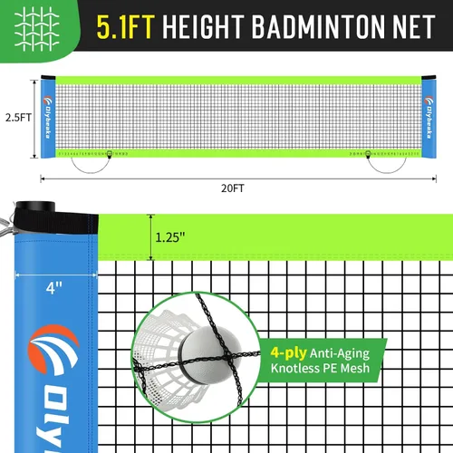 Miniatura 5 de Outdoor Baminton Net Set for Backyard, Beach, Family Games with 20 * 3ft Anti-sag Net, 4 Aluminum Badminton Rackets, 3 Shuttlecocks, Carring Bag
