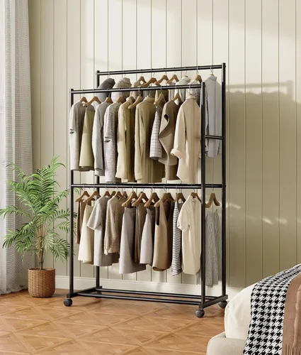 Miniatura 2 de Perchero de ropa de 36.2 x 21.3 x 72 pulgadas, 4 barras de doble barra de metal con ruedas para colgar ropa, perchero portátil con ruedas para Negro
