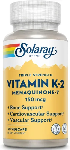 Solaray Vitamina K-2 de triple fuerza como MK-7 150 mcg - Suplemento de vitamina K2 MK7 para apoyo a la salud ósea, Vit K2 puro como menaquinona