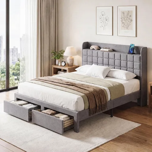 DUMOS Base de cama tapizada de tamaño matrimonial, cama matrimonial con cajones de almacenamiento y cabecera de tela, soporte de listones de madera,
