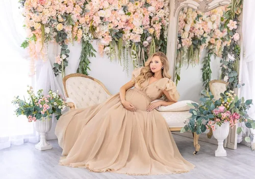 Miniatura 7 de Zxruijing Vestido de maternidad de gasa para fotografía, cuello en V, vestidos de sesión de fotos de maternidad para baby shower, vestido de embarazo