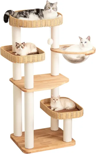 Miniatura 23 de Wood Cat Tree for Large Cats, 50'' Modern Indoor Cat Tower with Basket Beds, Cat Condo & Clear Hammock, Multi-Level Wooden Cat Furniture for Home