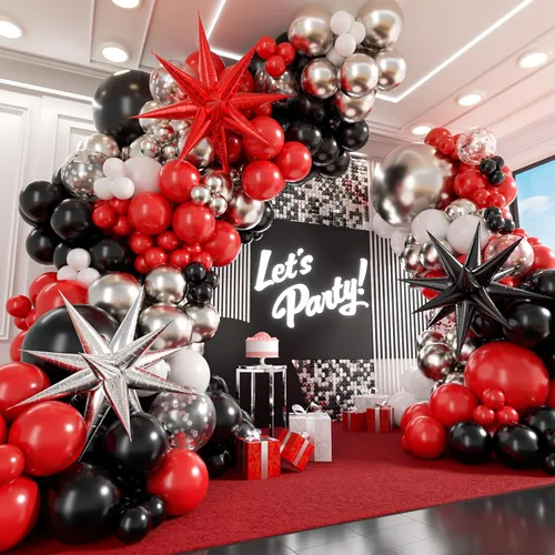 Kit de arco de guirnalda de globos rojo, blanco y negro, decoraciones de fiesta rojas y negras con globos plateados blancos y confeti de látex para