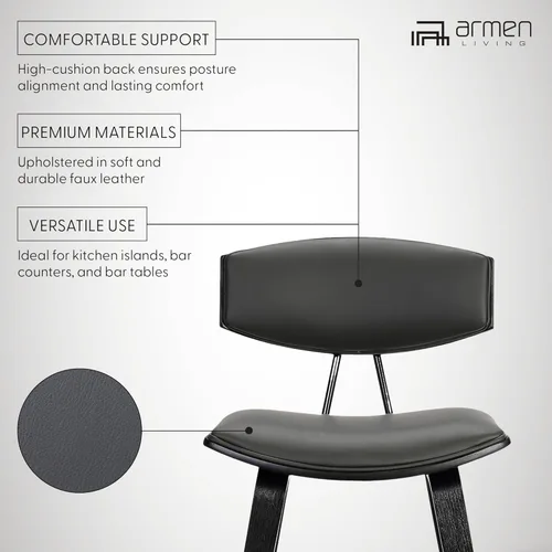 Miniatura 4 de Armen Living Fox - Taburete de bar moderno de mediados de siglo de piel sintética gris y madera negra de 25.5 pulgadas Piel sintética gris/negro