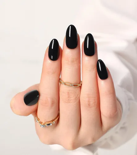 Miniatura 13 de morily 24 uñas postizas negras a presión, uñas postizas de aguja de longitud media, uñas postizas de almendra, uñas postizas largas acrílicas Negro