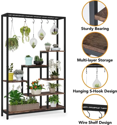 Miniatura 5 de LITTLE TREE Soporte alto para plantas de interior de 5 niveles, estante de metal grande de 70.9 pulgadas para macetas de bonsái, estante de Marrón