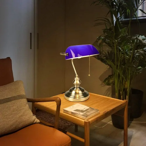 Miniatura 2 de FIRVRE Lámpara de escritorio de banqueros de cristal azul, lámpara de mesa ejecutiva brillante con interruptor de cadena de tracción, lámpara