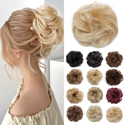 Miniatura 11 de Benehair Moño desordenado, pieza de pelo recogido para mujer, esponjoso, ondulado, moño con dona, moño sintético con banda elástica de goma