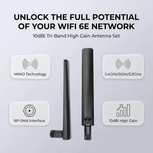 Antena de tres bandas WiFi 6E 2X 10dBi 2.4GHz/5GHz/5.8GHz de alta ganancia MIMO RP-SMA macho para enrutador WiFi, tarjeta PCIe, adaptador