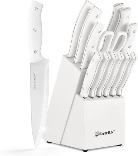 Juego de cuchillos de cocina blancos de 15 piezas con piedra afiladora incorporada, asas ergonómicas de triple remache fijo, apto para lavavajillas