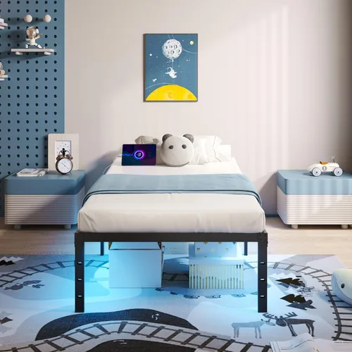 Miniatura 4 de HAVONIZD Marco de cama tamaño twin con luces LED y estación de carga - Marco de cama de plataforma de metal resistente de 18 pulgadas, no necesita