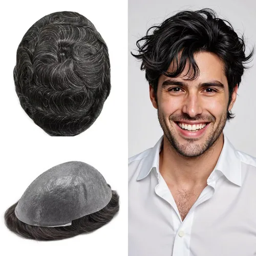 Miniatura 55 de FNY HAIR - Tupé para hombres, sistema de cabello humano, piel ultrafina, PU con bucle en V, prótesis de cabello natural para hombres, #1B05 1B# OFF