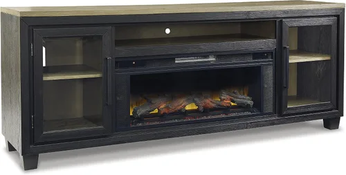 Signature Design by Ashley Foyland - Soporte de TV de 83 pulgadas con chimenea eléctrica, altavoces inalámbricos integrados, madera, chapa de roble