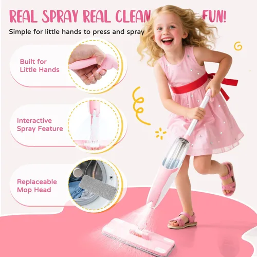 Miniatura 3 de Juego de juguetes de limpieza para niños, mini trapeador de aerosol rosa, juguetes Montessori, herramienta de limpieza para niños pequeños