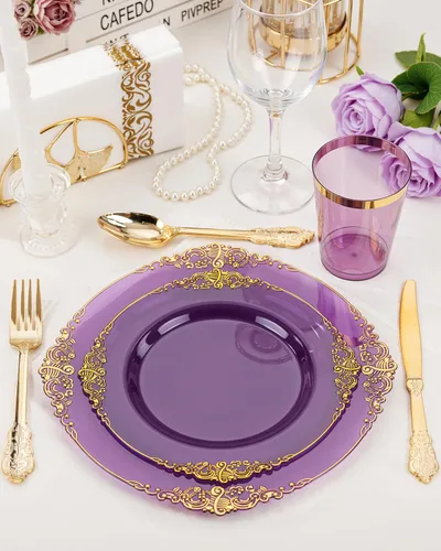 Miniatura 5 de Nervure Juego de 175 platos de plástico morado transparente, juego de platos de fiesta morados para 25 invitados, incluye 25 platos de cena, 25