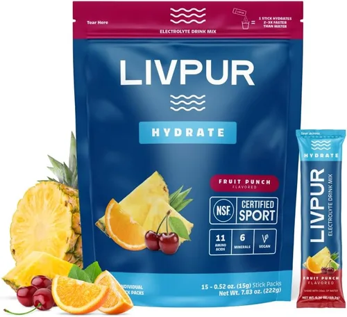 LIVPUR - Mezcla de bebida con electrolitos, polvo de hidratación instantánea con vitamina C, B6, B12 y aminoácidos esenciales para apoyo muscular y