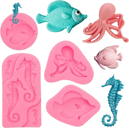 Miniatura 12 de Molde de silicona para fondant de concha, 4 paquetes de moldes de chocolate para hornear temática marina decoración de pasteles, adornos de 4