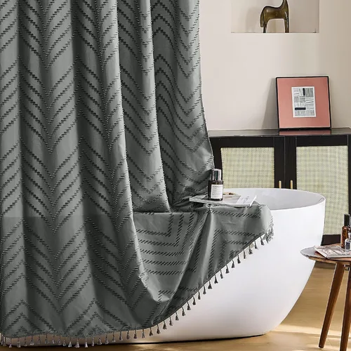 Siiluminisoy Cortina de ducha extralarga de tela tejida, de estilo bohemio, de rayas chevrón y capitoné, con borlas, color gris, de 72x84 pulgadas,