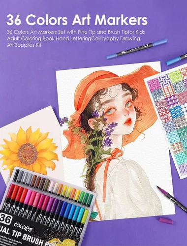 Miniatura 6 de TOSHARE Marcadores de acuarela de 36 colores y punta fina de doble punta para libros de colorear para adultos, bolígrafos de pintura sin sangrado