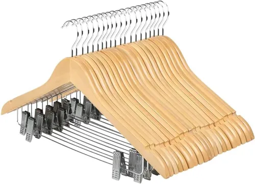 Miniatura 9 de Paquete de 10 perchas de madera con clips, perchas de madera de alta calidad para trajes, perchas para faldas con clips, colgador de madera S con 10