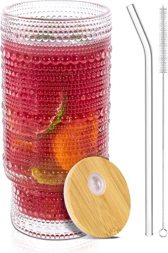 Miniatura 10 de CWHHRN Vasos de vidrio de 16 onzas con tapas y pajitas, cristalería vintage en relieve para whisky, cóctel, cerveza, taza de café helado con tapa