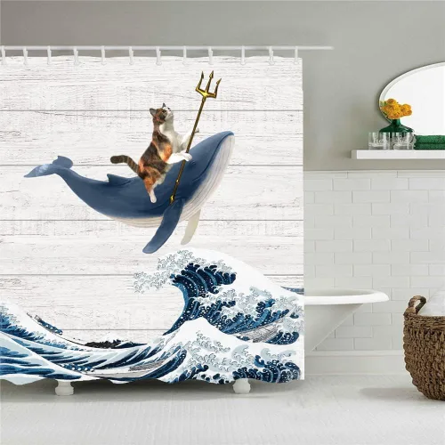 Miniatura 13 de Yeele Cortina de ducha con diseño de delfín, diseño de animales submarinos, tropical, con temática de vida silvestre, océano, azul, para baño