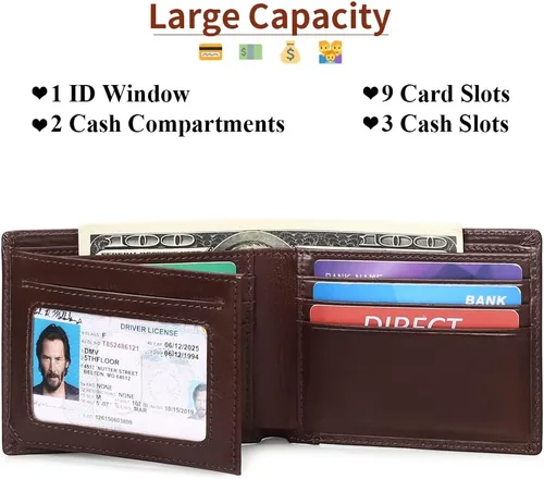 Miniatura 4 de SENDEFN Billeteras para hombre de cuero genuino con bloqueo RFID, tarjetero plegable, A-Marrón, Retro