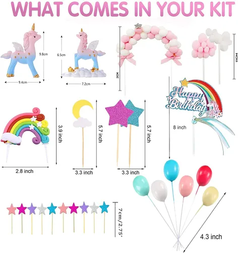 Miniatura 2 de Kit de decoración de pastel de unicornio con 2 esculturas, bolas de arco iris para suministros de fiesta de cumpleaños