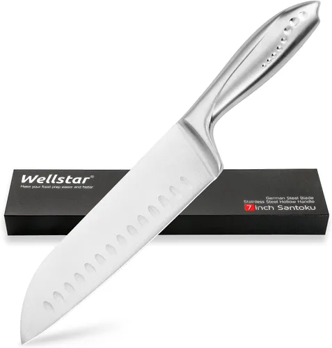 Miniatura 11 de WELLSTAR Santoku Cuchillo de cocina de 7 pulgadas, afilado estilo japonés con hoja de acero inoxidable de alto carbono, negro