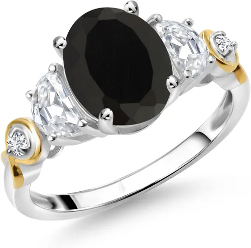 Gem Stone King Anillo ovalado de plata 925 y oro amarillo de 10 quilates, moissanita creada y diamante cultivado en laboratorio de 3 piedras para