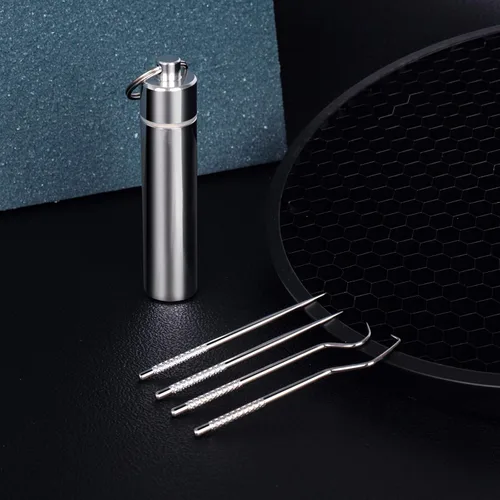 Miniatura 7 de Juego de 12 palillos de dientes de metal reutilizables de acero inoxidable con soporte para picnic al aire libre, camping, viajes, suministros