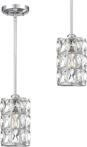 Paquete de 2 lámparas colgantes de isla de cocina de 5 pulgadas, lámpara colgante moderna con acabado de níquel cepillado con pantalla de cristal