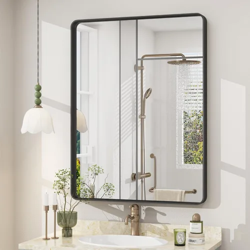 Miniatura 145 de Paquete de 2 espejos de baño con marco de metal negro de 22 x 30 pulgadas, espejo rectangular redondeado negro mate, antioxidante, se cuelga