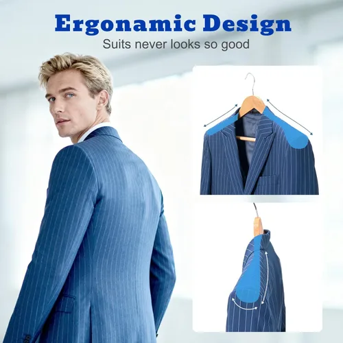 Miniatura 2 de HOUSE DAY Perchas de madera con hombros anchos, perchas para trajes con barra antideslizante para pantalones, acabado liso, gancho giratorio