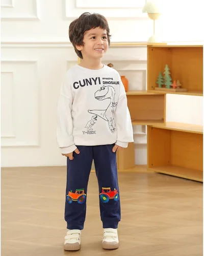 Miniatura 2 de GFQLONG Paquete de 3 pantalones deportivos elásticos con cordón para bebé, de algodón, dinosaurio, con bolsillos