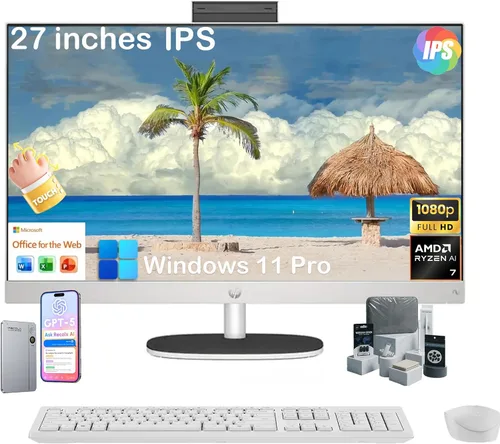 HP Computadora de escritorio todo en uno con pantalla táctil de 27 pulgadas, AMD Ryzen AI 7 350 (hasta 5.0 GHz), 32 GB DDR5 RAM, 2T SSD, pantalla