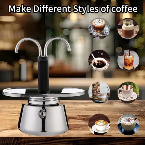 Miniatura 8 de Olla de Moka de Acero Inoxidable, Cafetera de Espresso de 2 Tazas para Estufa con Doble Boca, Fácil de Operar, Prepara Café Rápidamente, Olla