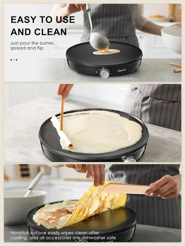 Miniatura 4 de Reemix - Máquina para hacer crepas, plancha compacta para panqueques, control de temperatura preciso, plancha eléctrica antiadherente de 12