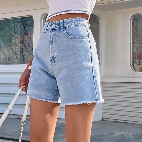 Miniatura 5 de Pantalones cortos de mezclilla rasgados de cintura alta para mujer, dobladillo deshilachado, medio muslo, pantalones cortos casuales con bolsillos